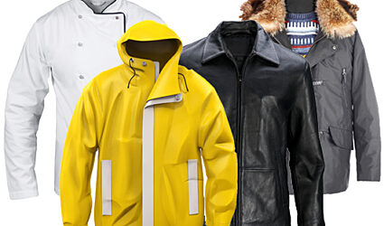 4 Coats of various types including, winter coat and leather coat and chef's coat
