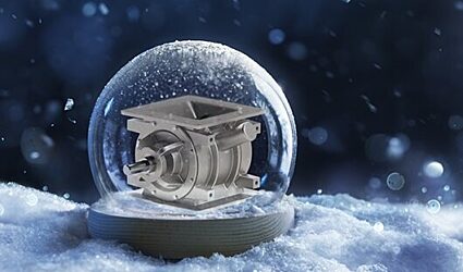 A rotary valve inside a snow globe in a snowy landscape
