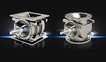 The square CI Series and round MD Series rotary airlock valves on a black background