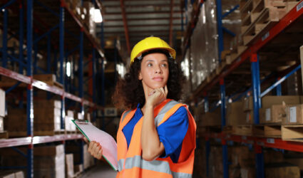 Factory worker woman holding a clipboard