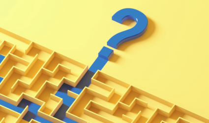 Blue line running through a yellow labyrinth with a question mark at the end