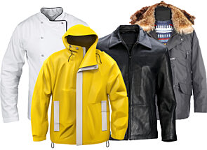 4 Coats of various types including, winter coat and leather coat and chef's coat